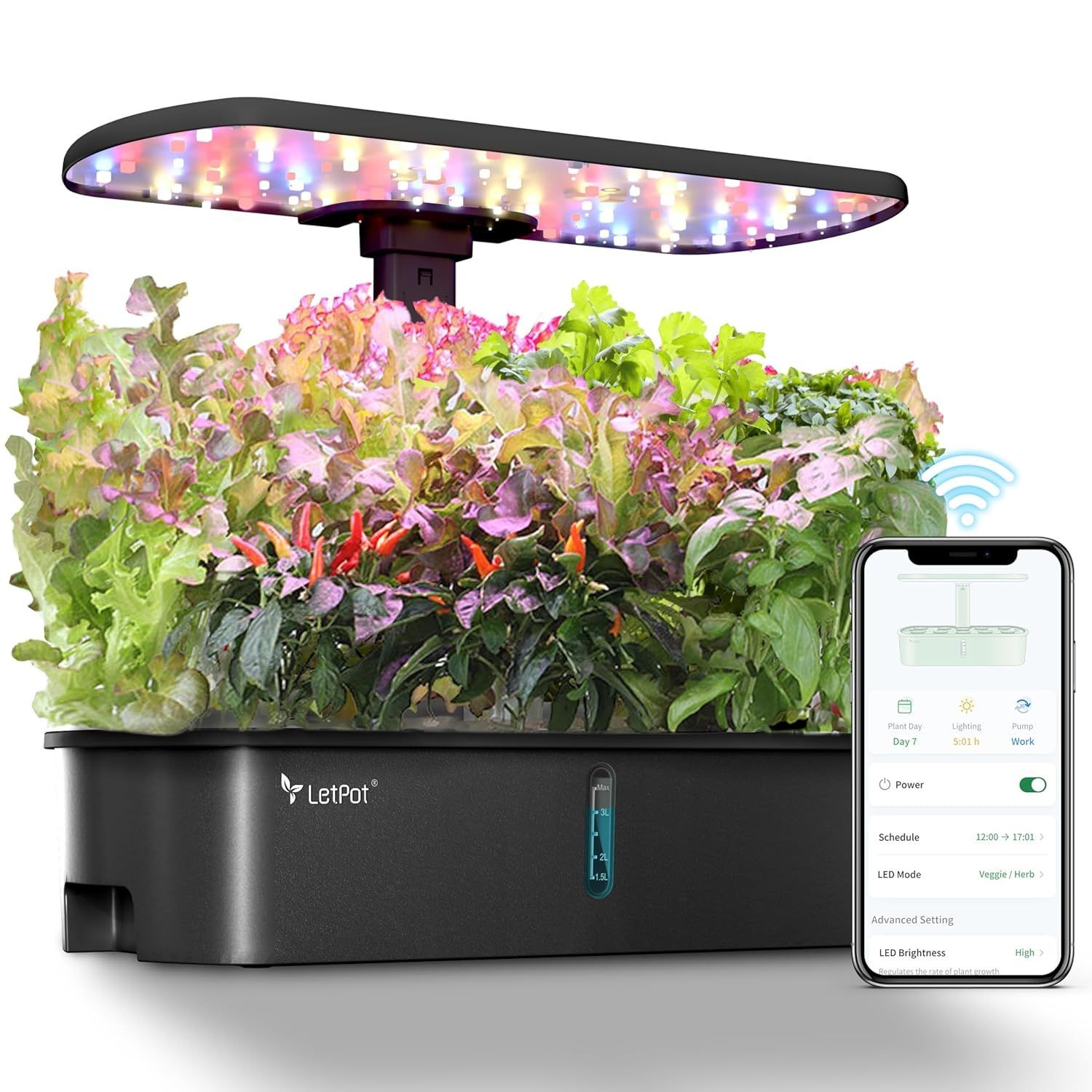 LetPot LPH-Air Hydroponics Growing System Kits, APP & WiFi Controlled Smart Indoor Garden with 24W Grow Light Full Spectrum, 10 Pods Planter Indoor Gardening for Gifts, Kitchen, Vegetable (Black)